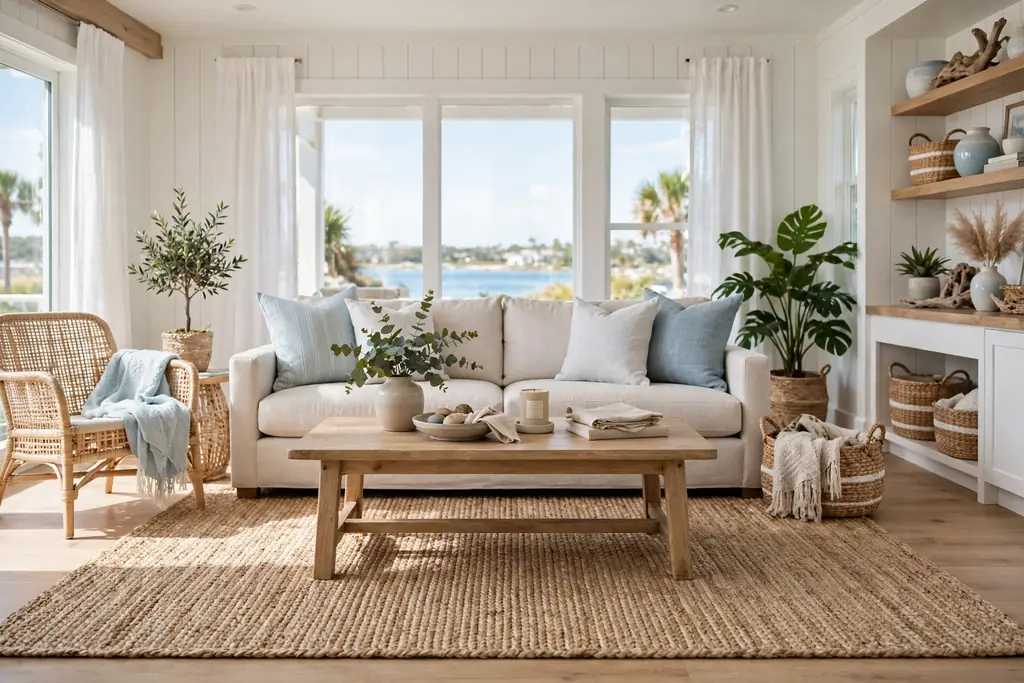 A seagrass area rug under a sofa and coffee table in a bright coastal living room.