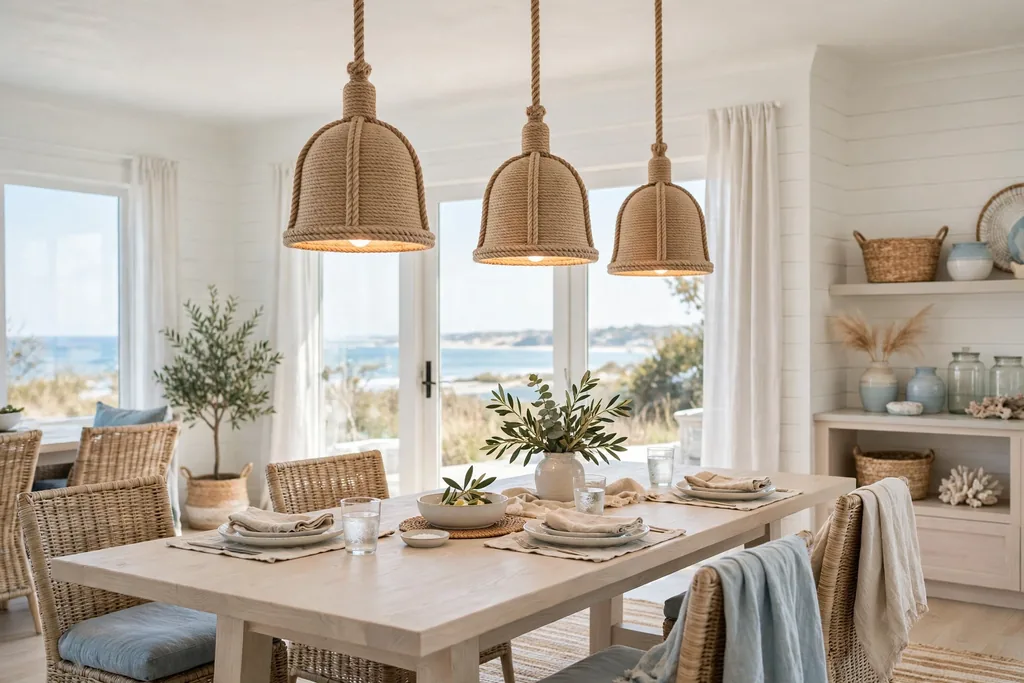 Rope wrapped pendant lights hanging over a pale wood dining table.