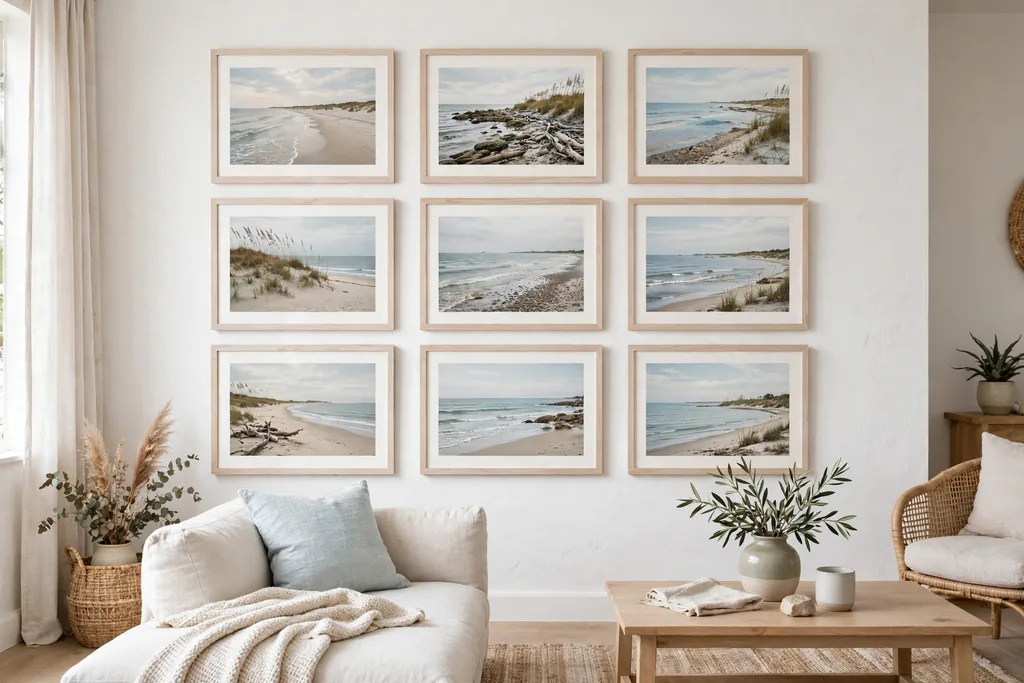 A gallery wall of framed shore prints in pale wood frames on a white wall.