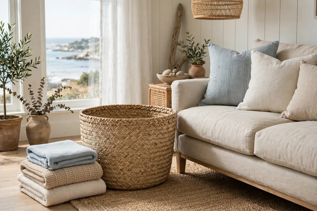 A large woven seagrass basket with folded throws beside a coastal sofa.