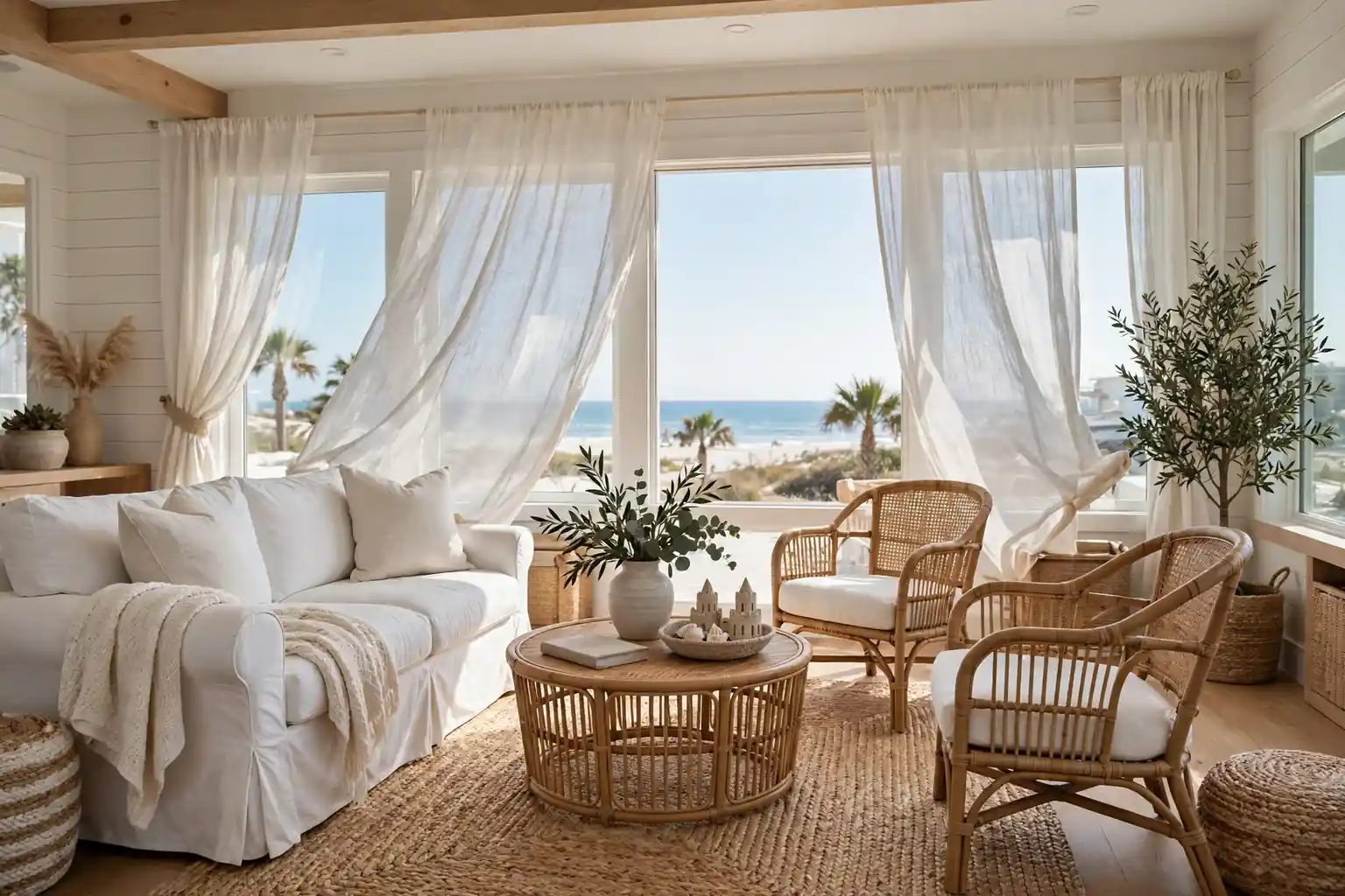 A bright beach house living room with a white slipcovered sofa, rattan chairs, a seagrass rug, and sheer linen curtains in daylight.