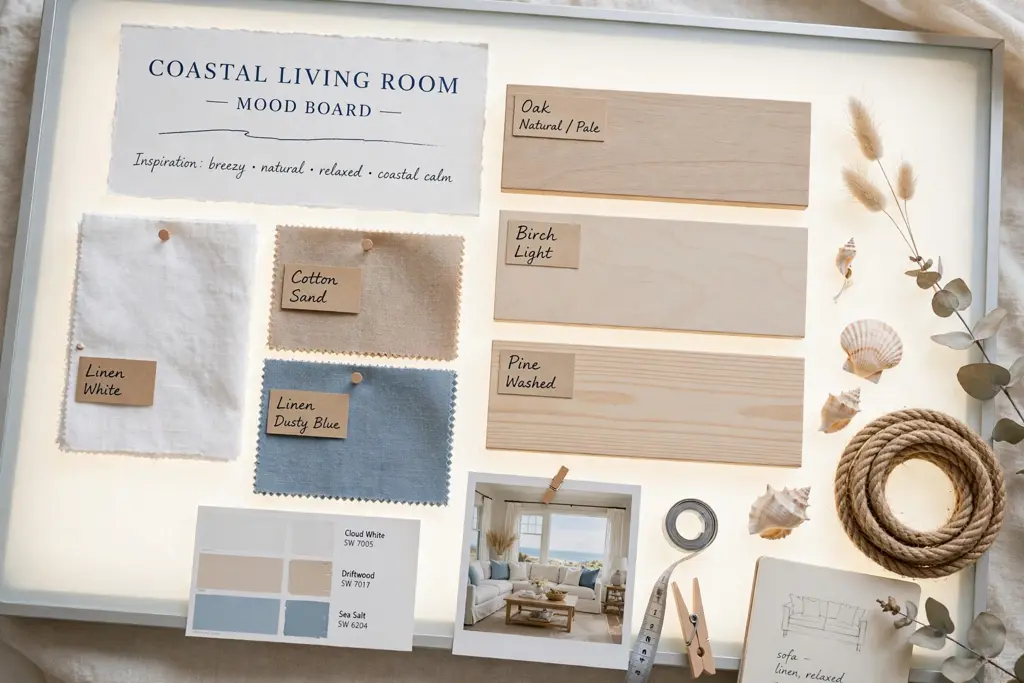 Coastal mood board with white, sand, and dusty blue fabric swatches beside pale wood samples.
