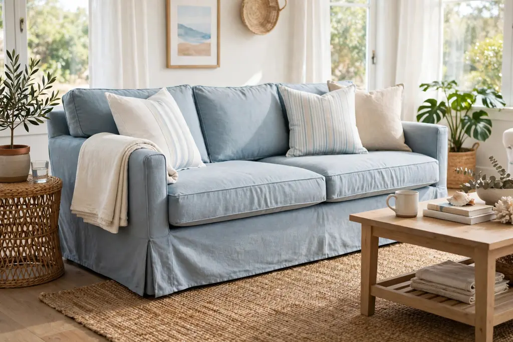 Flatweave jute rug under a coastal sofa with washable cushions and a folded cotton throw.