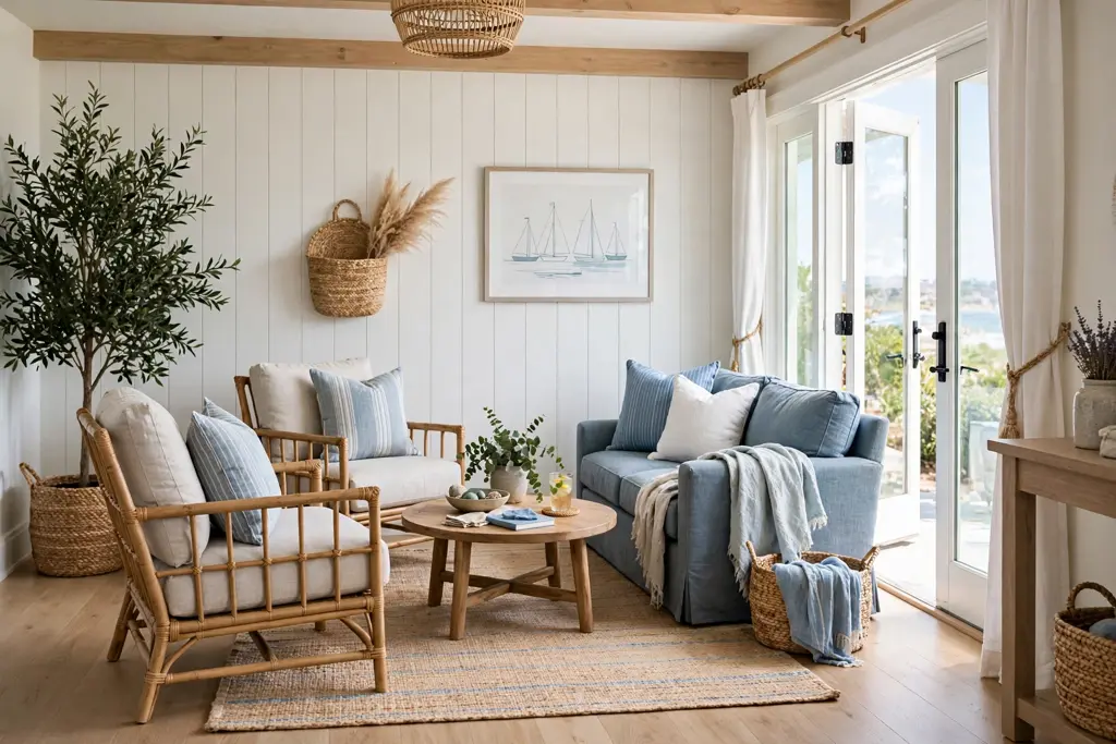 Coastal living room layout with chairs arranged for conversation and a clear walkway to the door.