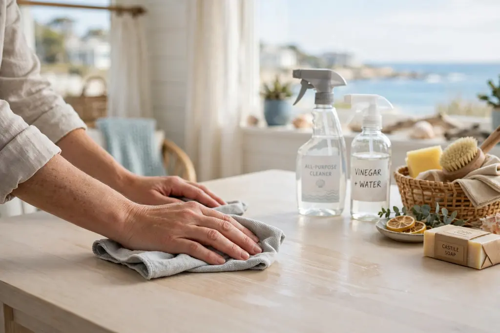 Hands wiping a pale wood table with a soft cloth in a bright coastal room, with cleaning supplies nearby.