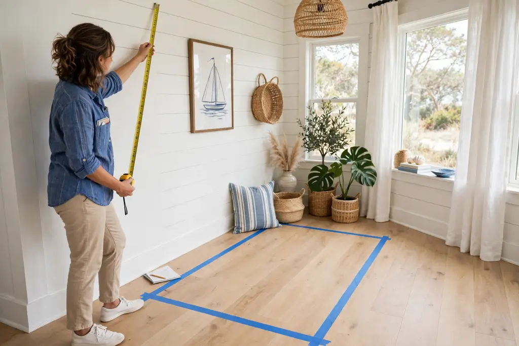 Person measuring a coastal living room wall with painter's tape marking a sofa footprint on the floor.