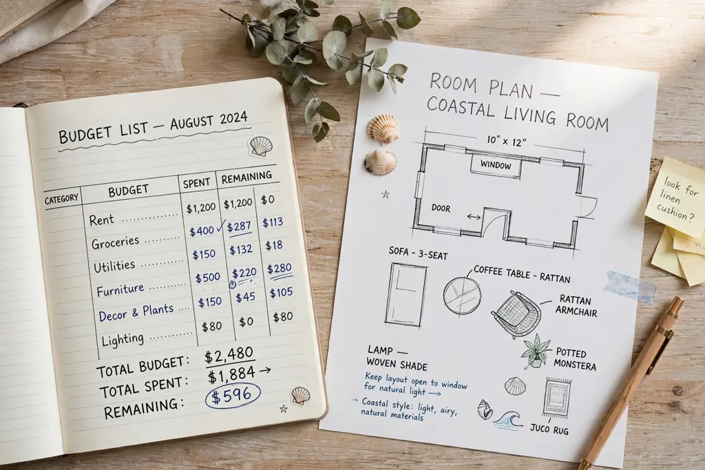 Notebook budget list beside a room plan with coastal furniture sketches on a light wood table.
