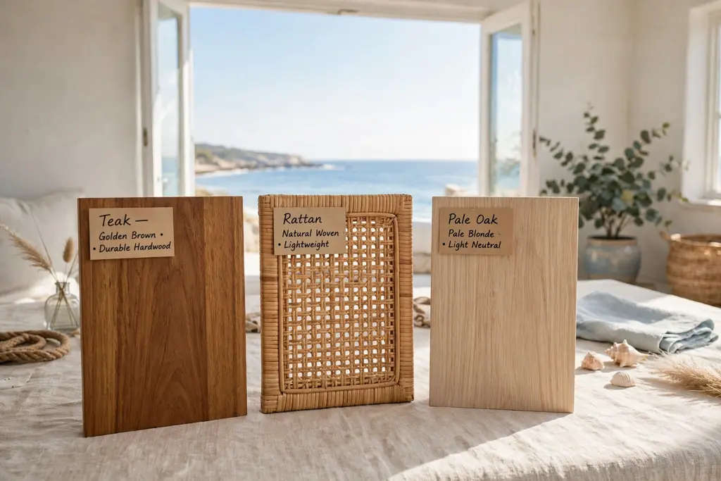 Teak, rattan, and pale oak furniture samples beside a window with sea light.