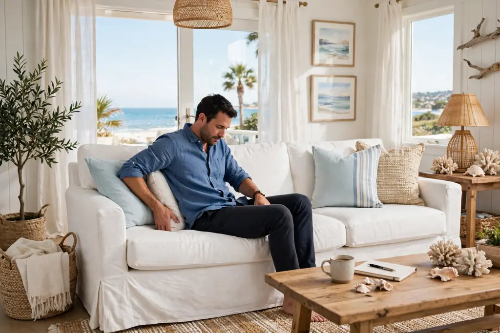 Person sitting on a white slipcovered sofa in a bright coastal living room testing comfort.