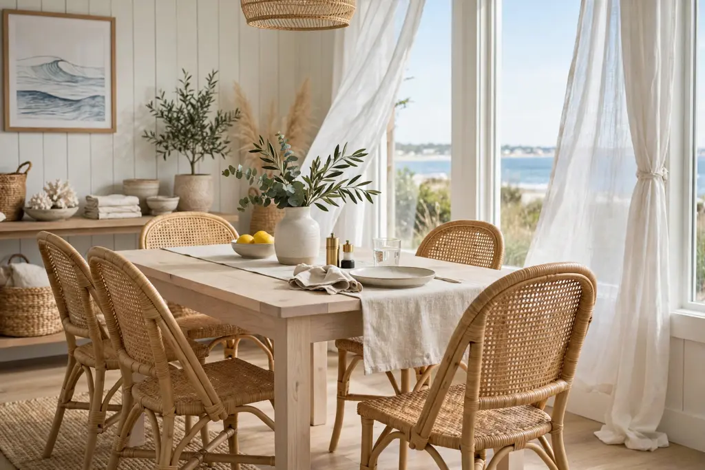 Pale wood dining table with rattan chairs in a bright coastal dining room near a window.