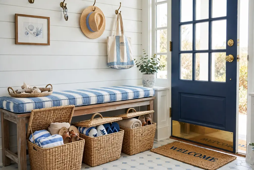 Coastal entryway storage bench with lidded baskets holding beach towels and shoes beside a front door.