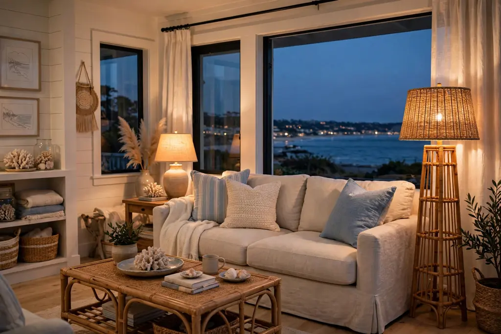 Coastal living room in the evening with warm table lamps, a rattan floor lamp, and soft light over seating.