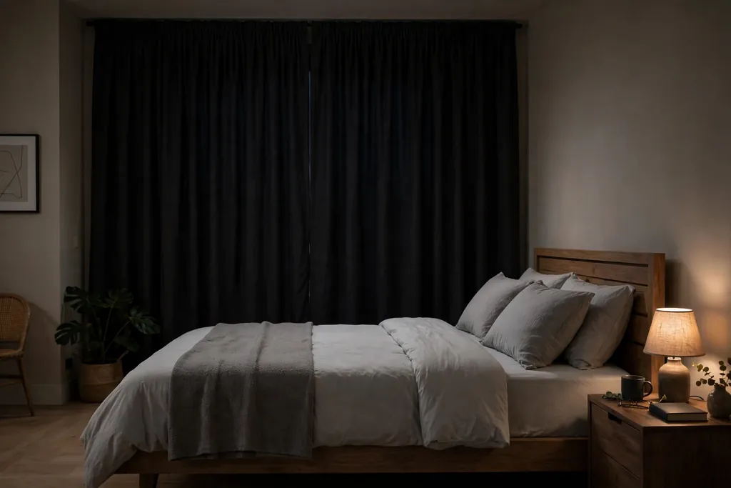 Bedroom with closed blackout curtains keeping the room dark at night.