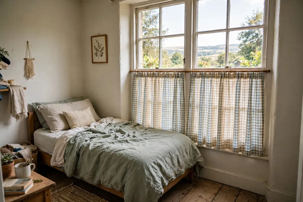 Bedroom window with cafe curtains covering the lower half of the glass.