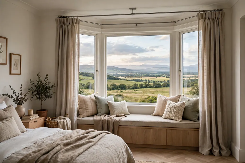 Bedroom bay window with curtains on a ceiling mounted track.