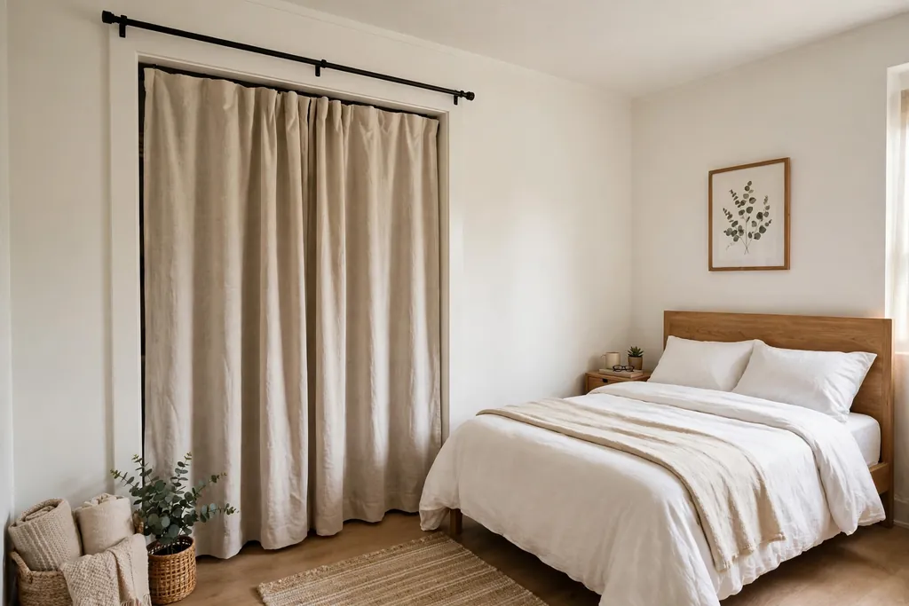 Bedroom closet opening covered by hanging curtain panels.