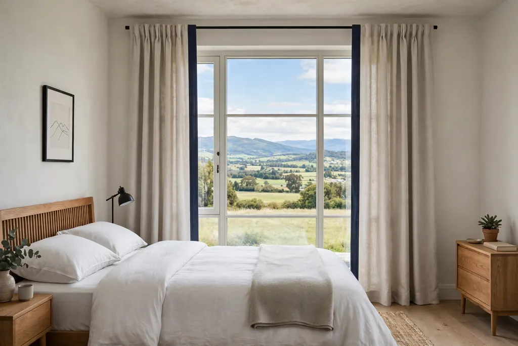 Plain bedroom curtains with a contrast trim along the inner edge.