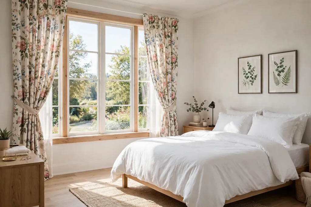Bedroom with floral print curtains at the window and plain white bedding.