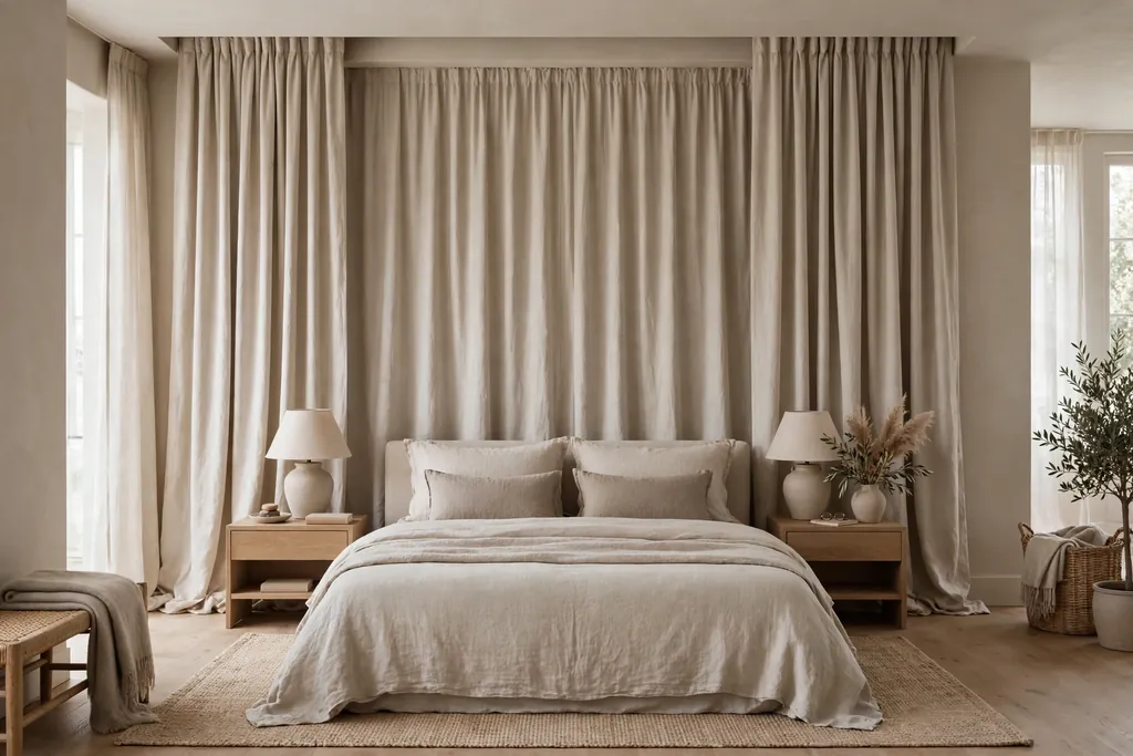 Bedroom with full wall curtains hanging behind the bed from ceiling to floor.