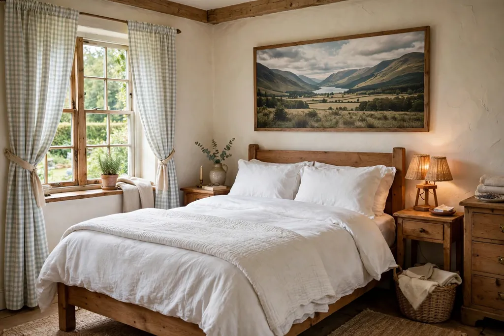 Cottage bedroom with pale gingham curtains at the window.