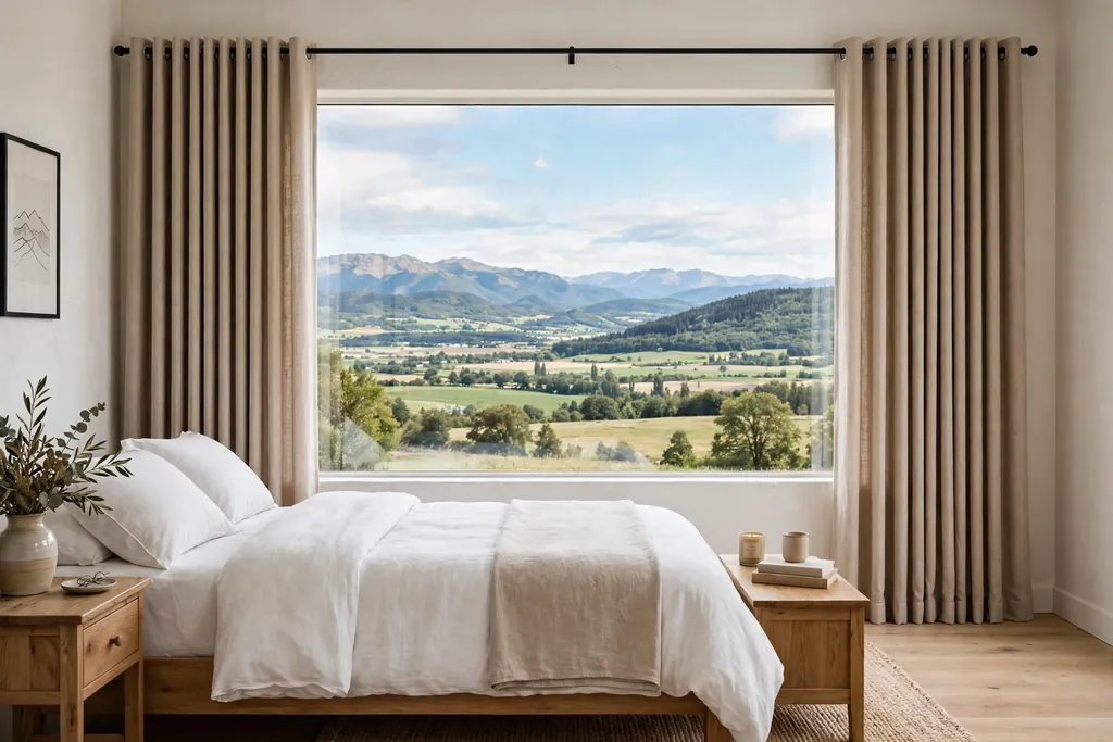 Wide bedroom window with grommet curtains in even folds on a rod.