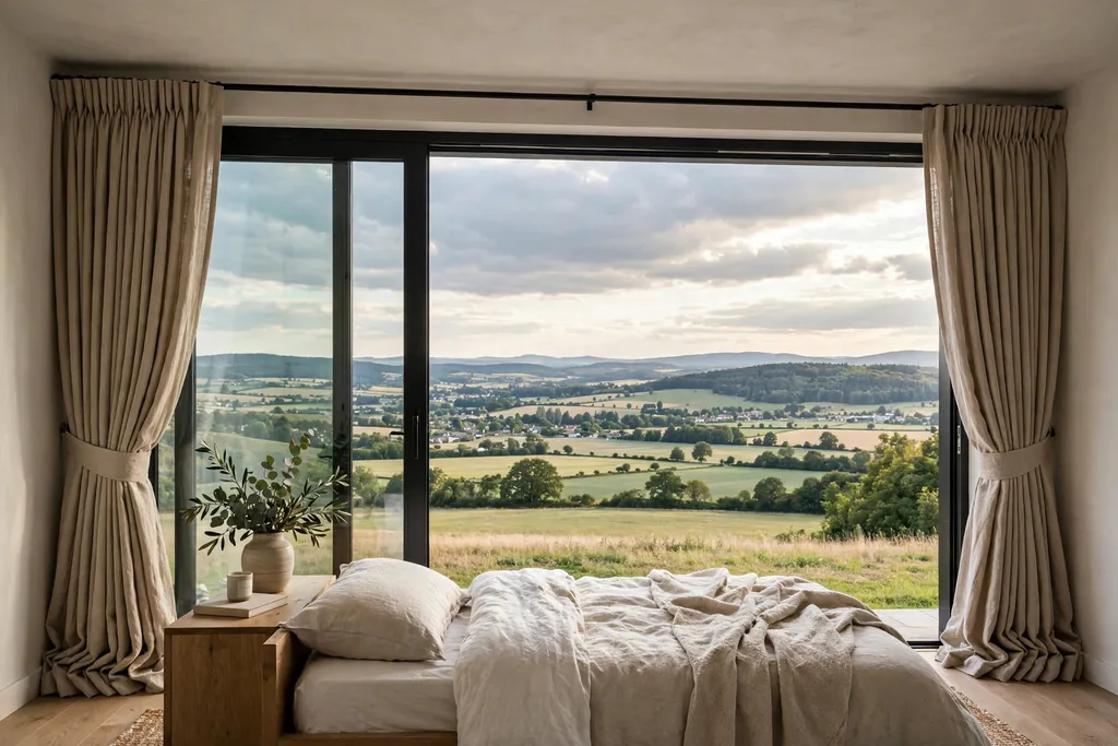 Bedroom window with curtains hung high and wide, stacked clear of the glass.