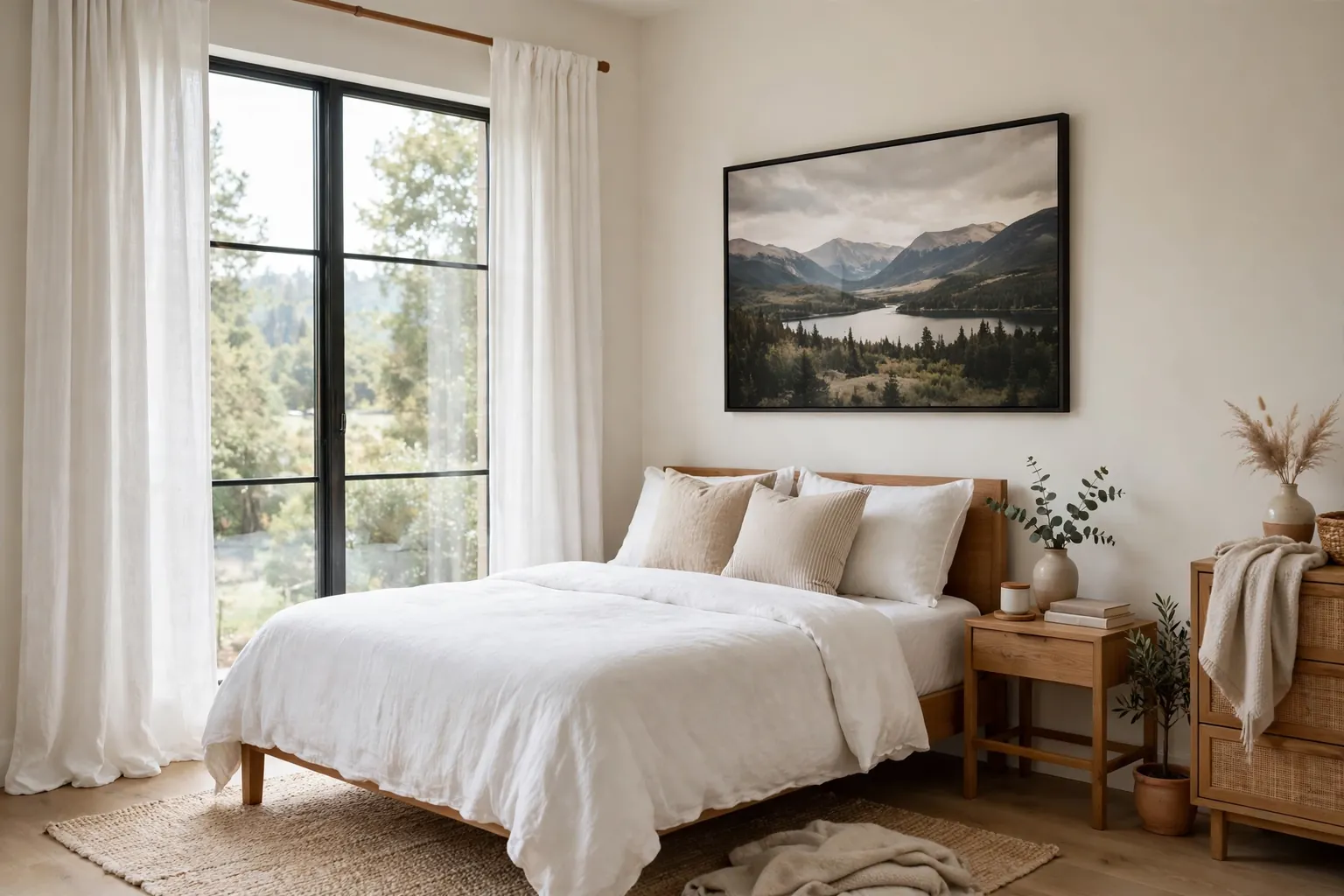 Bright bedroom with floor length white linen curtains at a large window beside a neatly made bed.