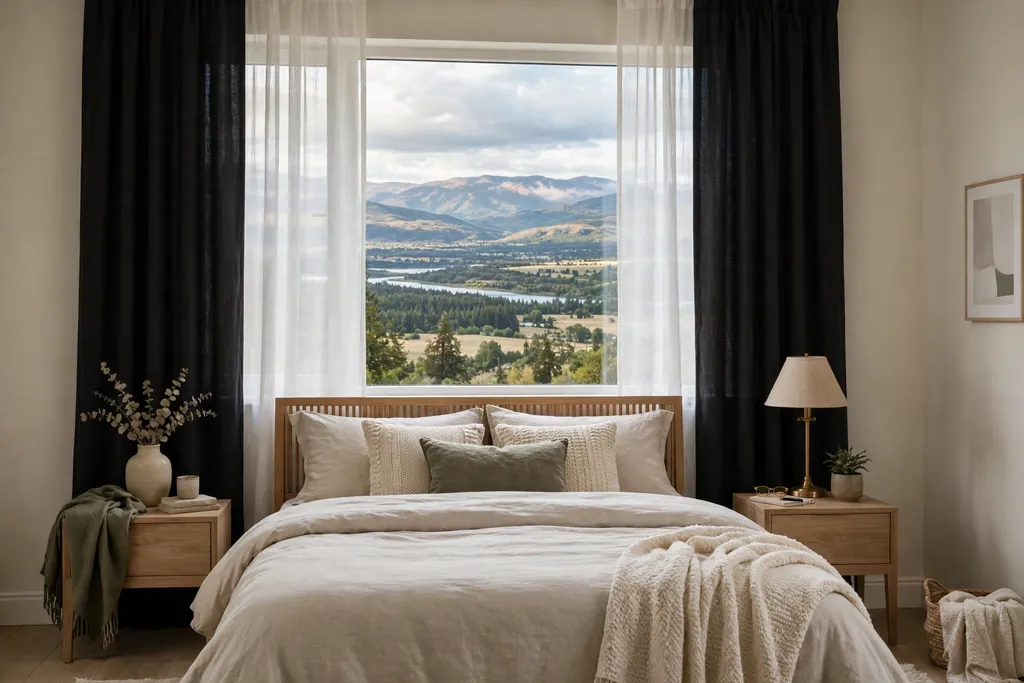 Bedroom window with a sheer panel layered under blackout curtain panels.