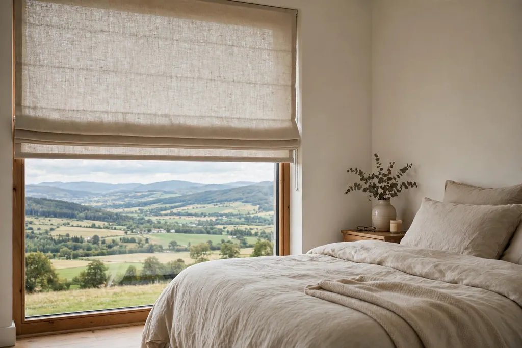 Bedroom window with a flat linen Roman shade lowered over the glass.