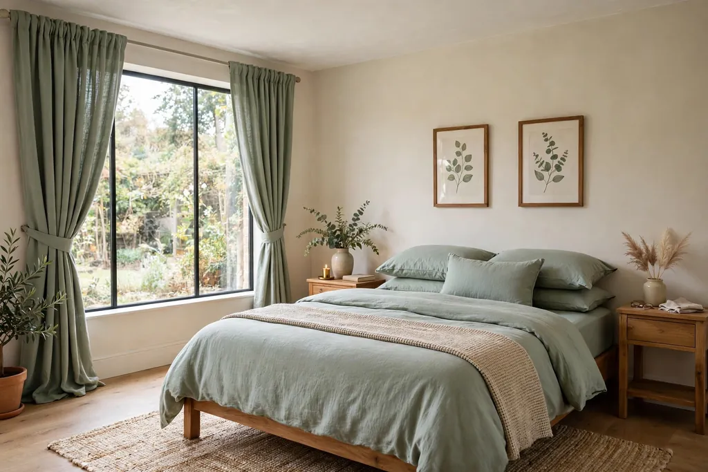 Bedroom curtains in a color matched to the bedding and a cushion on the bed.