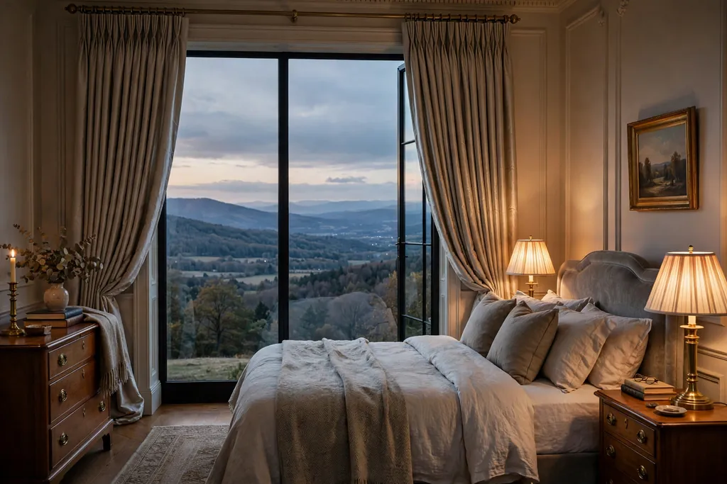 Tall bedroom window with pleated silk look drapes in a muted tone.