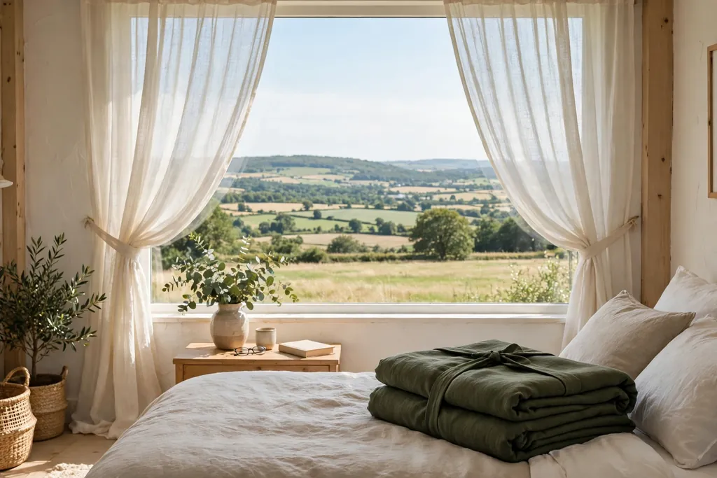 Bedroom window with light summer curtains and a folded heavier curtain set nearby.