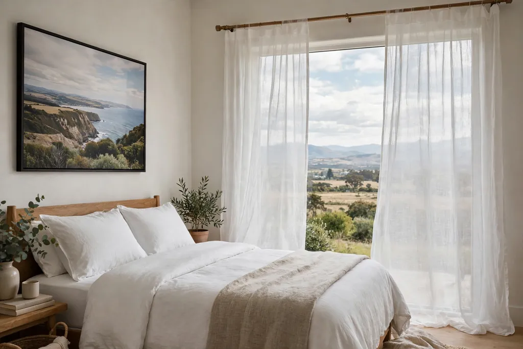 Bedroom window with sheer white linen curtain panels in soft daylight.