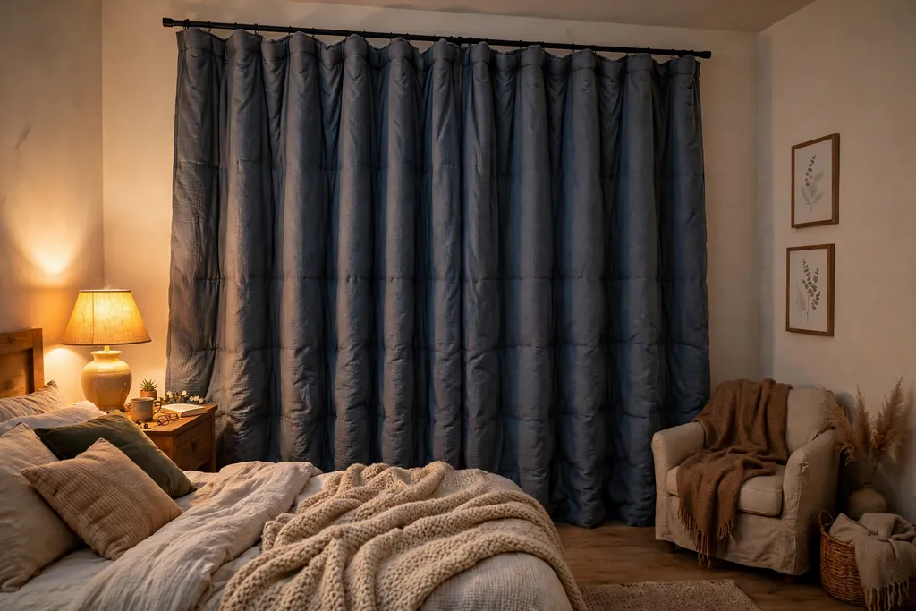 Bedroom window with thermal lined curtains closed in the evening.