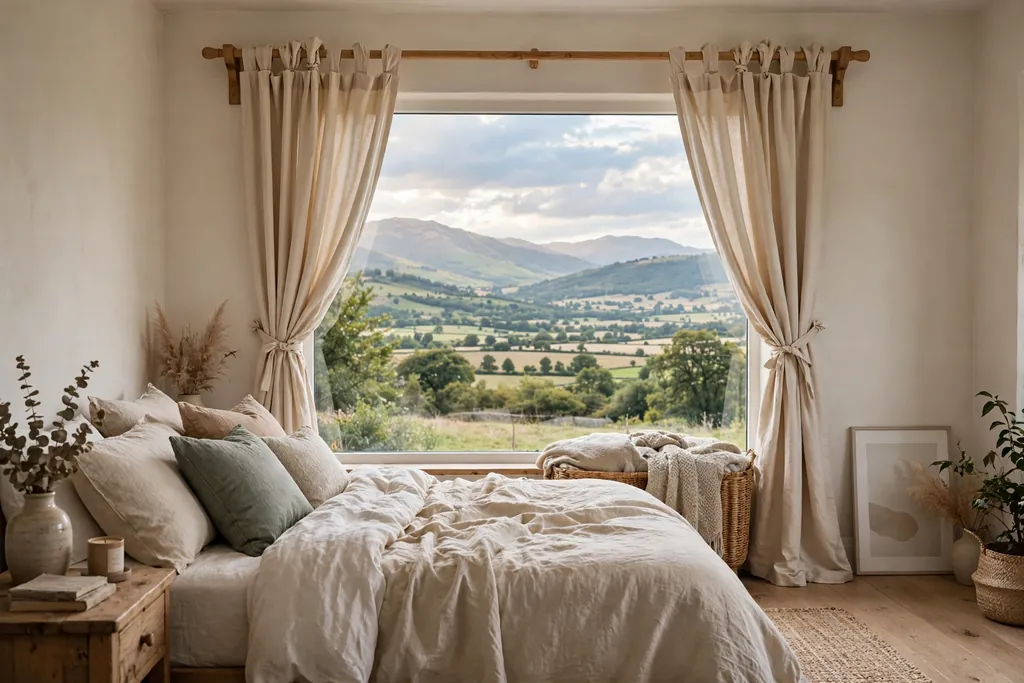 Relaxed bedroom with tie top cotton curtains on a wooden rod.