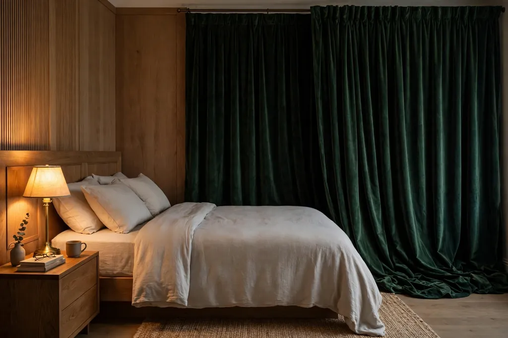 Bedroom with deep toned velvet drapes falling to the floor beside a bed.