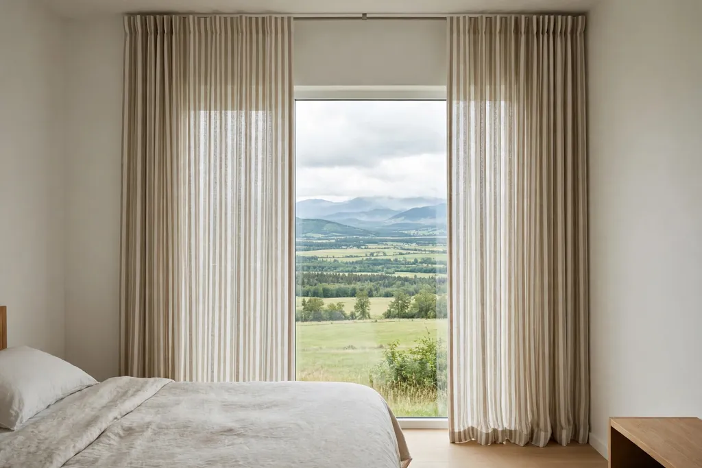 Bedroom window with vertical stripe curtains hung high and falling to the floor.