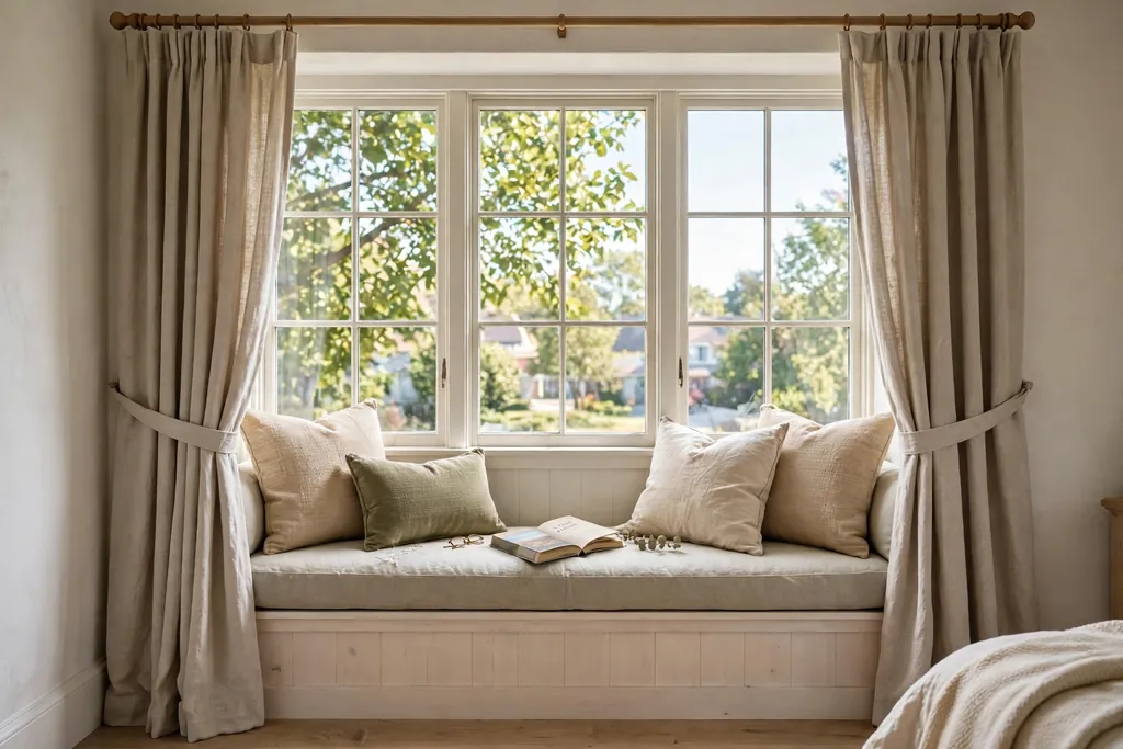 Bedroom window seat framed by side curtain panels with cushions.