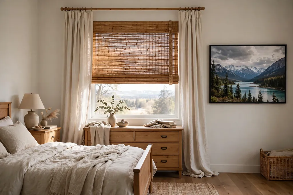 Bedroom window with a woven wood shade and plain linen side panels.