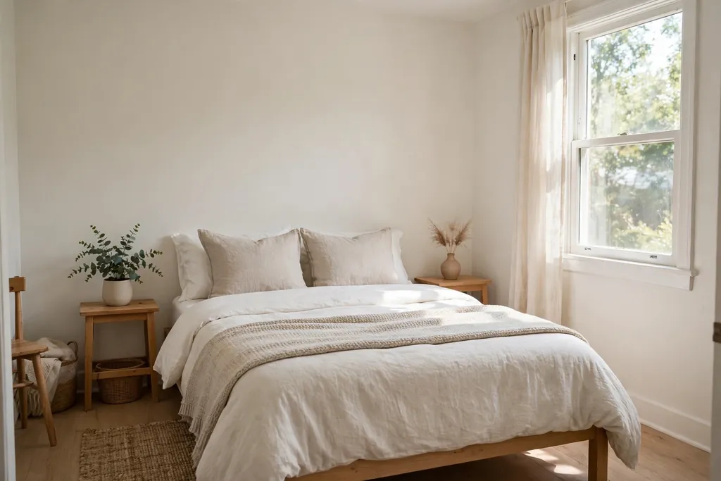 Small bedroom with freshly painted warm white walls, plain bedding, and wood furniture in daylight.