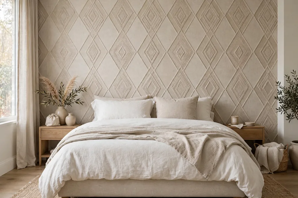 Bedroom bed wall with a peel and stick panel behind a bed with plain bedding.