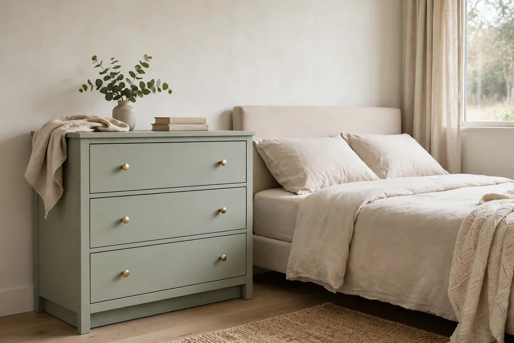 Bedroom with a freshly painted dresser in soft sage with simple knobs beside a bed.