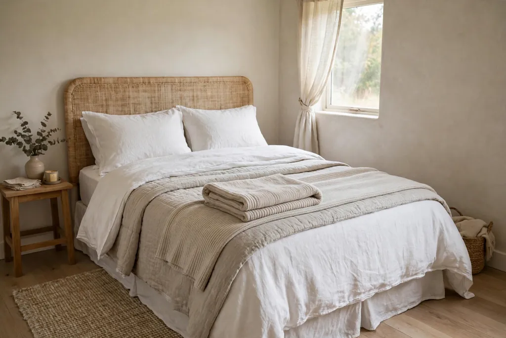 Bed with plain layered bedding in white and oatmeal with a folded throw at the foot.