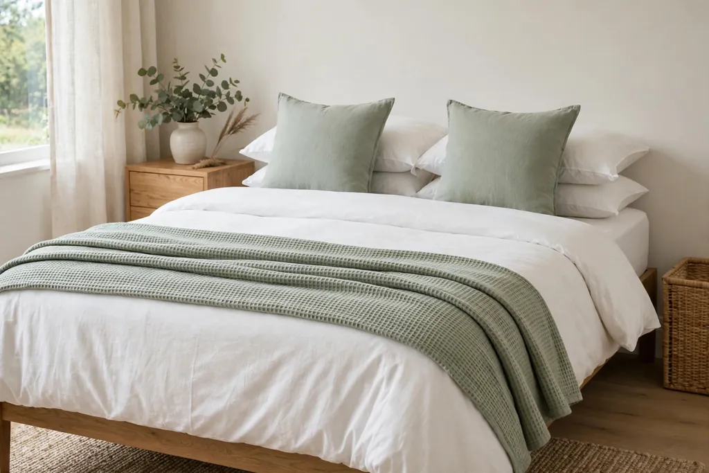 Neatly made bed with a waffle throw and two cushion covers in a soft accent color.