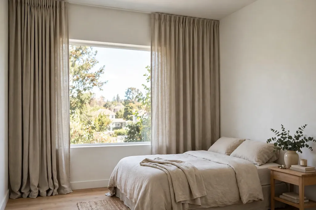 Bedroom window with plain oatmeal curtains hung high and wide over a calm bed.