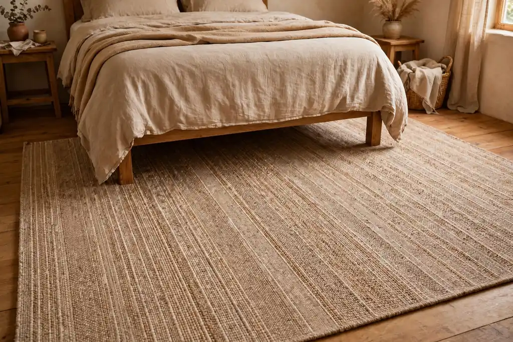 Large flatweave rug under the lower half of a bed in a warm small bedroom.