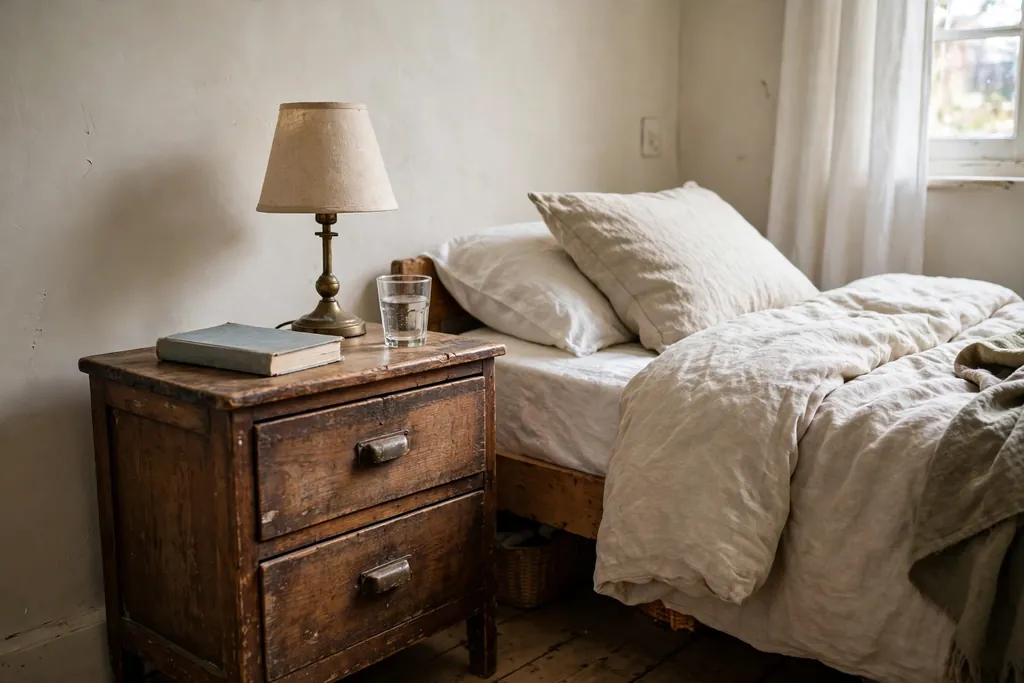 Thrifted wood nightstand beside a bed holding a lamp, a book, and a glass of water.