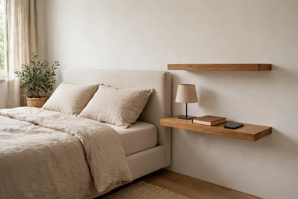 Bedroom with floating shelves beside a bed holding a lamp, a book, and a phone.