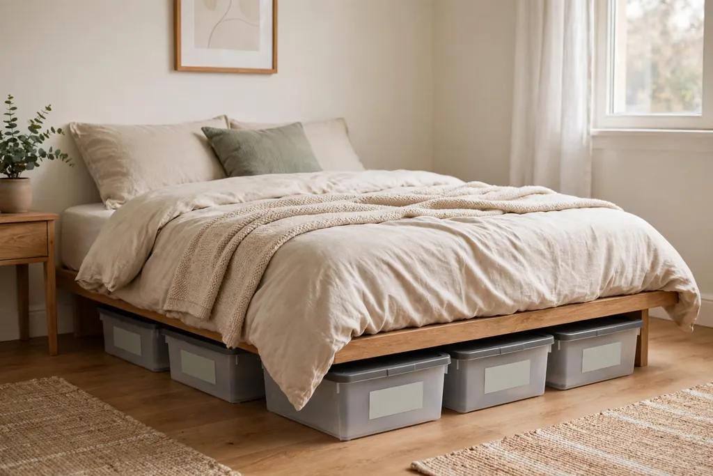 Flat labeled storage boxes slid under a low bed in a tidy small bedroom.