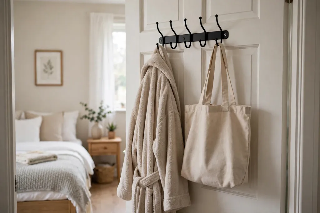 Over door hooks on a bedroom door holding a robe and a bag for tomorrow.